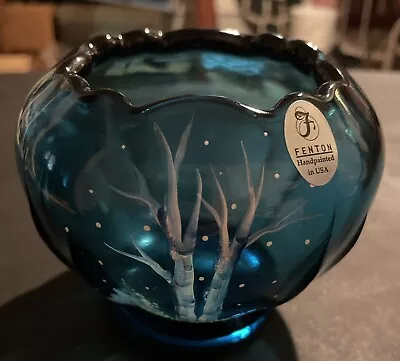 Buy Fenton Art Glass Blue Rose Bowl ~ Christmas Tree Scene ~ Gold Glittered Signed • 57.53£