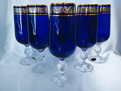 Buy Crystalite Bohemia Czech Champagne Blue Glass 180 Ml. With Gold - 6 Pcs • 52.83£