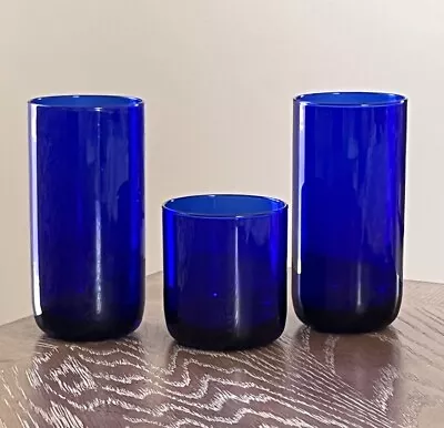 Buy 3 Assorted Cobalt Blue Libbey Round Bottom Tumbler Glass Read Description • 24£