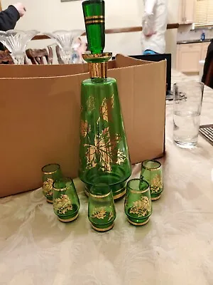 Buy Czechoslovakia Bohemian Murmac Glassware Cordial Set Green With Gold Leaves • 82.48£