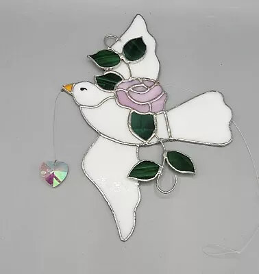 Buy Suncatcher Stained Glass White Dove In Flight Pink Rose Leaded Handmade 11  X 8  • 20.12£