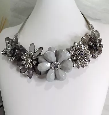 Buy Stunning M&S Silver Tone Necklace With Grey Flowers/glass Beads • 6£