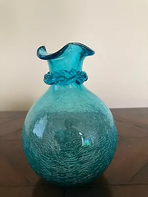 Buy Vintage Hand Blown Turquoise Blue Ruffle Edge Crackle Glass 6  Vase • 12.42£