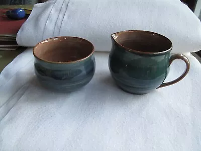 Buy Vintage Wold Sugar Bowl And Milk Jug Set Blue Green Glaze • 15£