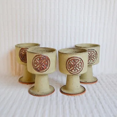 Buy Vintage Stoneware Tremar Cornish Pottery Celtic Knot Chalice Goblet Set 4 • 22£