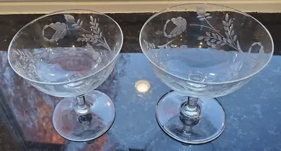 Buy Pair Grey Cut Etched Floral Low Sherbet Glasses C. 1936 Floral W Ball Stem • 13.28£