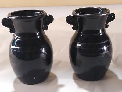 Buy Pair Of Antique Black Amethyst Glass Vase Scroll Handle Silver Trim  • 28.94£