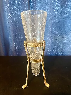 Buy Vintage Crackle Glass Vase With Brass Pedestal Stand Floral 8” India • 20.83£