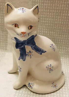 Buy Cat Figurine Vintage Rye Pottery Hand Painted With Blue Bow & Daisies Colletable • 12.99£