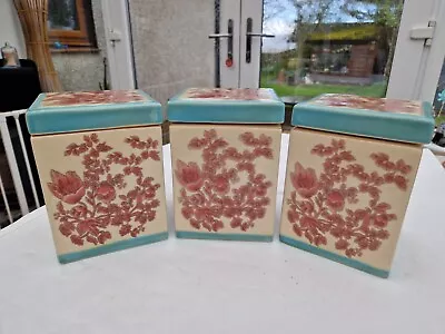 Buy 3x Beautiful Square Oriental Pink Blue The Pier Stoneware Kitchen Canisters Jars • 40£