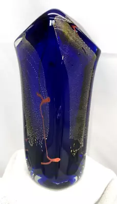 Buy Art Glass Vase Cobalt Blue With Gold & Red Signed 1991 • 38.42£