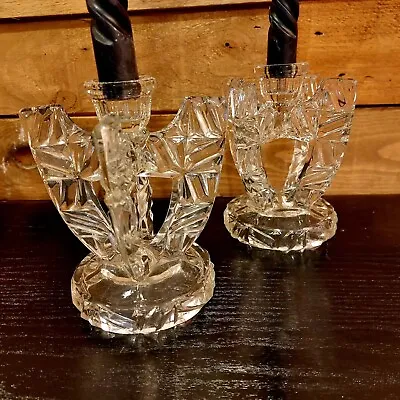 Buy Pair Unusual Vintage Glass Candlestick Holders With Black Wax Candles • 15£