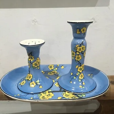 Buy 1930s Devon Ware Candle Stick, Hat Pin Stand  + Tray Blue Flower Blossom Pattern • 15£
