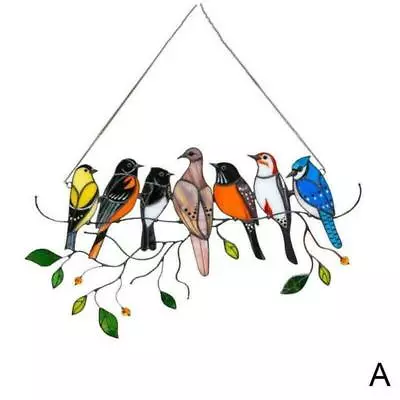 Buy Multicolored Birds On A Wire High Stained Glass Suncatcher Window Panel Home TOP • 11.40£