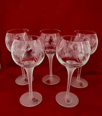 Buy 5 NWOB Crystal Handcrafted Etched Thistle Wine Glasses Frosted Stem Romania • 42.69£