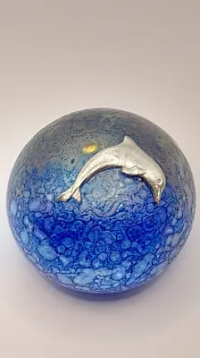 Buy Heron Glass Blue Pebble Paperweight With Pewter Dolphin - 5 Cm Diam - Gift Box • 20£