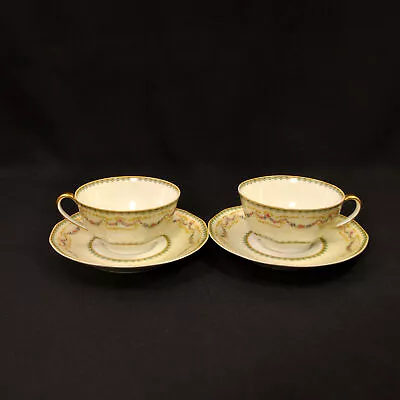 Buy Limoges Theodore Haviland 2 Cups & Saucers Venice Floral Garland Gold 1925-1936 • 61.36£