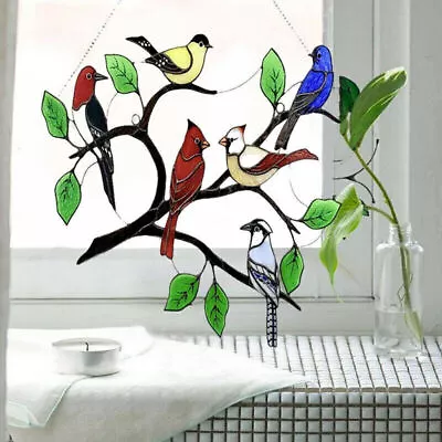 Buy Stained Glass Birds-on-Branch Window Panel Hanging Suncatcher Home Garden Decor • 10£