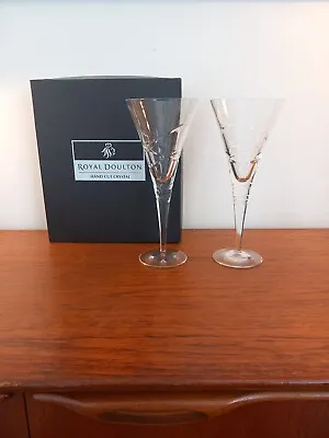 Buy Pair 2 Royal Doulton HAND CUT CRYSTAL Large Wine Flute Glasses 10  Signed • 45£