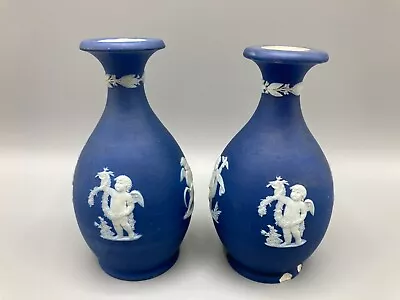 Buy Pair Of Antique Wedgwood Dark Blue & White Jasperware Bud Vases 1874 • 23.99£
