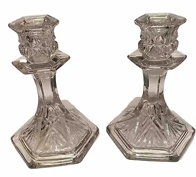 Buy VINTAGE RETRO  PAIR OF CLEAR GLASS CANDLESTICKS CANDLE HOLDERS  6.5 Inch Tall • 11.99£