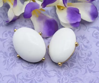 Buy Large Vintage Milk Glass Oval Gold Plated Clip Earrings • 18.92£