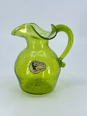 Buy Vintage Mini Pitcher 5  Hand Blown Green Crackle Jamestown Virginia Glass 1950s • 11.34£