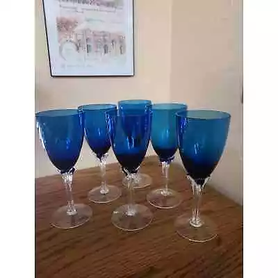 Buy MCM Glassware 6 Ribbed Stem Wine Glasses In Cobalt Blue • 94.04£