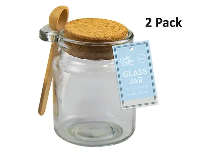 Buy 2PK Small Glass Storage Jars With Wooden Spoons 225ml Airtight Cork Lid Clear • 7.79£