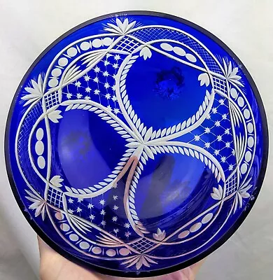 Buy Stunning Vintage Bohemian Cobalt Blue Cut To Clear Crystal Glass Bowl -7.5  Inch • 30£