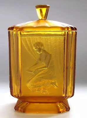 Buy Art Deco Sowerby Amber Glass 'Pandora's Box', Biscuit Barrel/Container With Lid • 49£