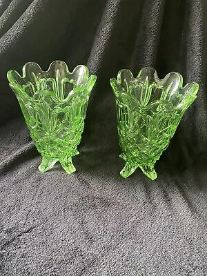 Buy Pair Of Vintage Green Footed Pressed Glass Vases Lovely Colour 7” Tall X 3” Dia • 15£