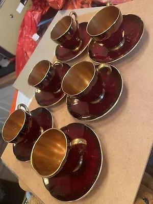 Buy Vintage Carlton Ware  -Set Of Six Deep Red Coffee Cups And Saucers With Gold • 60£