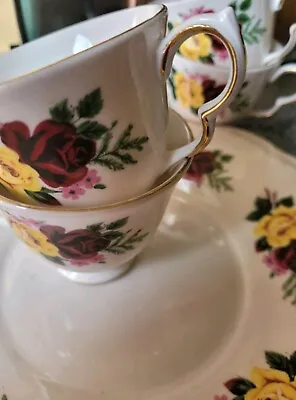 Buy Vintage Queen Anne, Bone China Red & Yellow Rose Set Of 4 • 9.99£