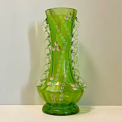 Buy Antique Glass Vase Green Victorian Hand Painted Enamelled Ruffle Sides 10  1880s • 38.40£