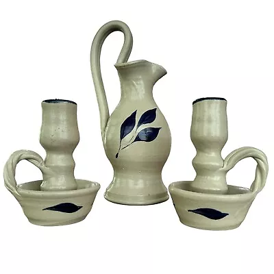 Buy Williamsburg Pottery Salt Glazed Pitcher, Candlestick Holders Cobalt Blue Leaves • 28.37£