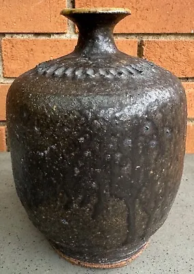 Buy Vintage 1970s Bulbous Brown Stoneware Ceramic Pottery Vase Modern Single Spout • 76.86£
