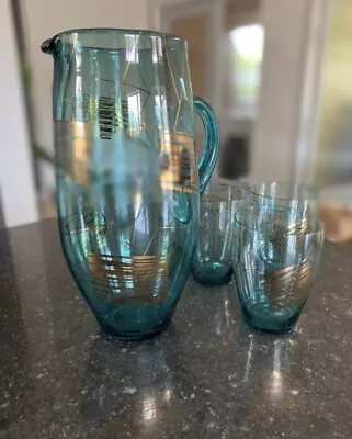 Buy Jug Glasses Set Vintage Retro 1950s 1960s Lemonade Gilded Blue Glass Drinkware • 35.83£