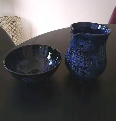 Buy Bemersyde Kenneth Annat Scottish Pottery Jug Blue 5.5  Tall And Bowl 5.5  Diam. • 49.99£