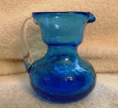 Buy Vintage Small Blue Hand Blown Crackle Glass Pitcher Clear Applied Handle 3 1/.4 • 7.67£