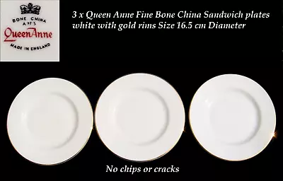 Buy 3 X QUEEN ANNE White & Gold Fine Bone China Sandwich Plate  16.5 Cm Dia. • 4.99£