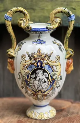 Buy Antique French GIEN FAINCE POTTERY URN VASE Snake Handle Armorial Cartouche 1875 • 194.97£