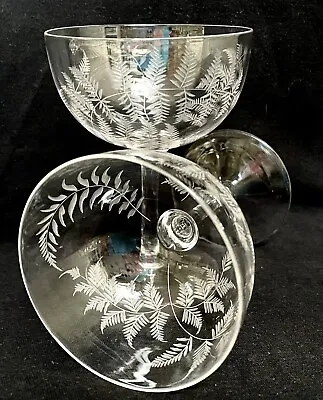 Buy EXQUISITE EDWARDIAN FERN ETCHED CRYSTAL CHAMPAGNE SAUCERS/COUPES X2 C1900 (b) • 75£