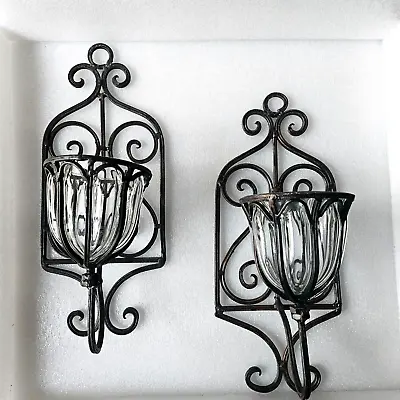 Buy Pair Of Vintage Victorian Wrought Iron Clear Caged Glass Votive Candle Holders. • 42.76£