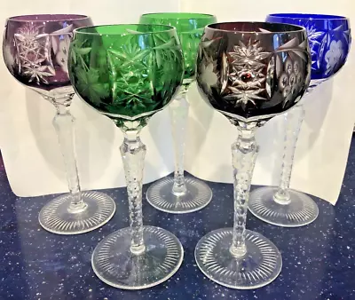 Buy Set Of 5 Bohemian Crystal Handcut & Blown Multi Color Wine Goblets Stem Glasses • 189.98£
