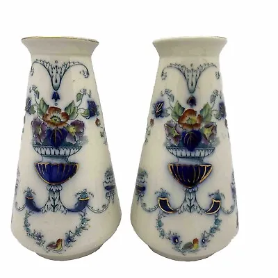 Buy 2 Vases Antique Corona Ware Hancock & Sons Verdun Blue Gold White Floral 1900’s • 8.99£