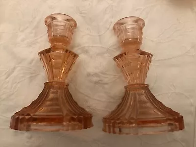 Buy 2 X VINTAGE PINK GLASS OCTAGONAL CANDLESTICKS CANDLE HOLDERS ART DECO PAIR • 15£