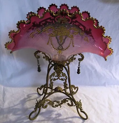 Buy Victorian Fan Shaped Glass Vase Cranberry & Opaline Threaded Gold & Silver Gilt • 766.23£