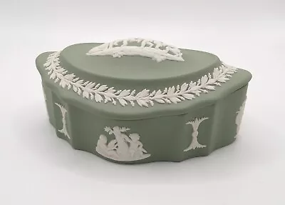 Buy Wedgwood Jasperware Green Sage Oval Trinket Box Scalloped Lidded Cherubs Vintage • 5.50£