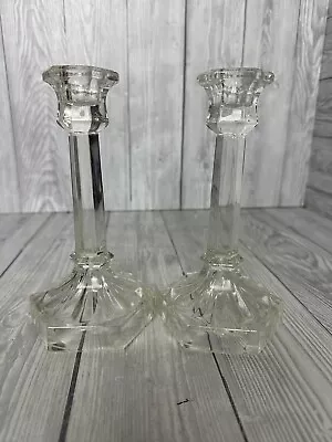 Buy Pair Of Pressed Clear Glass Candlesticks Vintage Hexagon Art Deco Style • 19.99£